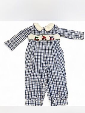 Blue Plaid Smocked Baby Romper with Train Embroidery